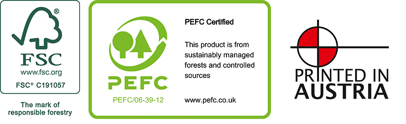 Blick in die Jork Produktion kombiniert mit FSC, PEFC und Printed in Austria Logos
