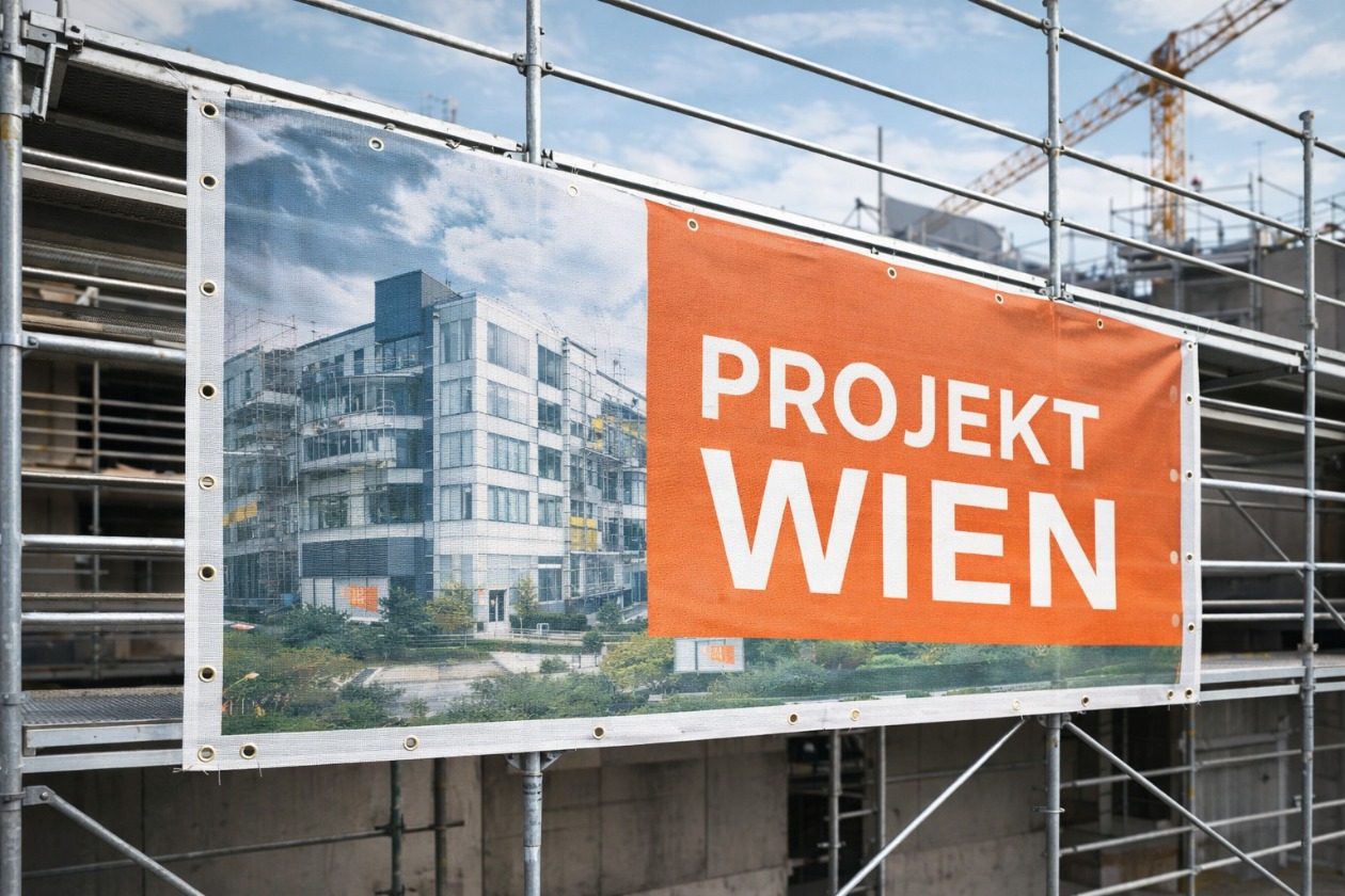 Produktion eines großformatigen Mesh-Banners für eine Baustellenabsperrung in Wien